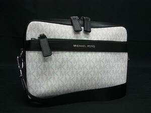 1円 ■極美品■ MICHAEL KORS マイケルコース MK柄 PVC×レザー クロスボディ ショルダーバッグ 斜め掛け ホワイト系×ブラック系 FF3148