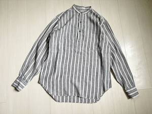 美品 INDIVIDUALIZED SHIRTS インディビジュアライズドシャツ シャツ リネン ストライプ 総柄 プルオーバー バンドカラー 14 1/2 △1059