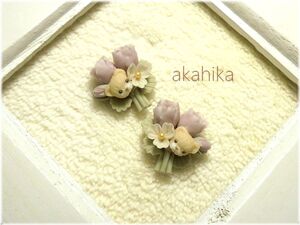 akahika*樹脂粘土花パーツ*ちびくま左右対称ブーケ・花束・カップ咲薔薇・ピンク