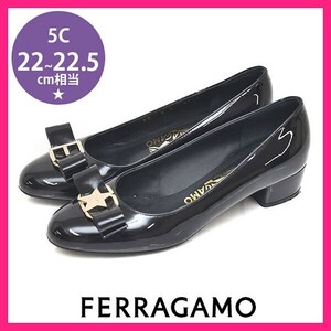 ほぼ新品 サルヴァトーレフェラガモ Salvatore Ferragamo 定価8.9万 My VARA リボン エナメル 星 パンプス 黒 5C(約22-22.5cm) sh24-1017