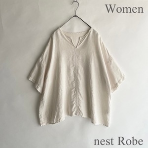 【美品】 nest Robe 日本製 ネストローブ キーネック リネン プルオーバー シャツ ブラウス 半袖 ナチュラル 麻 アイボリー size FREE sk