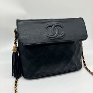 美品 CHANEL シャネル マトラッセ ココマーク ラムスキン フリンジ チェーンショルダーバッグ ブラック ゴールド金具