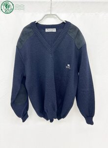 AL0604839　□BURBERRY バーバリー Vネック ニット ウール ピュアウール XL イングランド製 ネイビー系 中古品 エルボーパッチ