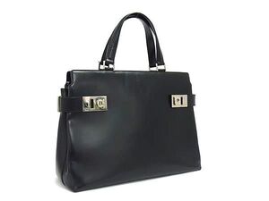 1円 ■美品■ Salvatore Ferragamo フェラガモ AQ 21 9350 ガンチーニ レザー ハンドバッグ トートバッグ レディース ブラック系 BJ6105