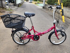 手渡し限定 STRAW HAT 折りたたみ自転車 20インチ 6段変速 赤紫？ 前後カゴ付き