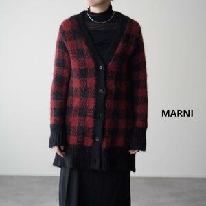 美品 MARNI マルニ ニットカーディガン アルパカウール チェック バックオープン 変形 ミドル丈 Vネック オーバーサイズ 異素材混合 36 赤