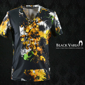 9#bv02-ye BLACK VARIA プレミアム ボタニカル 黒十字 Vネック半袖Tシャツ メンズ(イエロー黄) L 日本製 吸水速乾＆2wayストレッチ