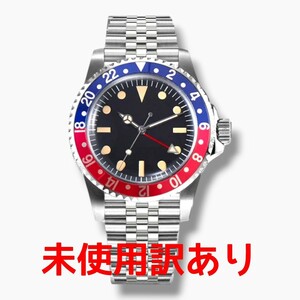 ★未使用訳あり品★ 自動巻 MINUTETIME ノーロゴ ヴィンテージデザイン 青赤ベゼル アクリル風防 SEIKO NH34A GMT メンズ腕時計 機械式 