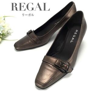 REGAL リーガル ベルテッド パンプス ハイヒール ヒールパンプス バックルデザイン スクエアトゥ ブロンズ系 レディース 日本製