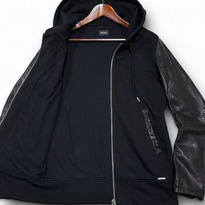 美品/ Lサイズ相当 DIESEL ディーゼル パーカー ダブルジップ パーカー レザー 切替 羊革 ブルゾン ジャケット ロゴプレート ジップアップ 