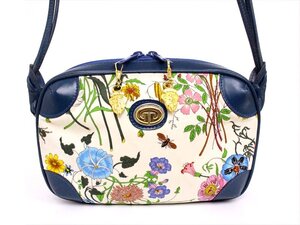 GUCCI【グッチ】フローラ ショルダーバッグ ヴィンテージ☆キャンバス×レザー☆ブルー×ゴールド金具☆花柄☆ロゴ☆レディース