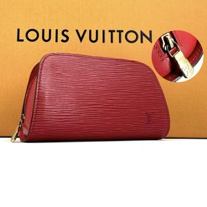 c693真贋済【ルイヴィトン】外観美品” LOUIS VUITTON エピ ドーフィーヌPM 化粧 ポーチ レッド メイク マルチケース アクセサリー 自立 赤