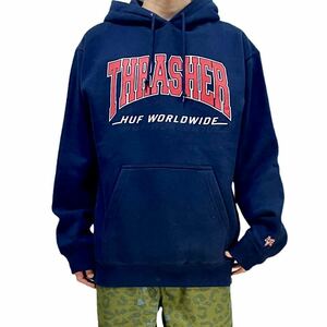 新品 HUF ハフ THRASHER スラッシャー コラボ サンフランシスコ ジャイアンツ ベースボール ロゴ カレッジ スケーター パーカー ネイビー M