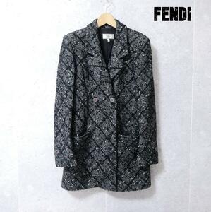 FENDI フェンディ I40 格子柄 ツイード ダブルブレスト ロング チェスターコート ロングコート グレー×ブラック