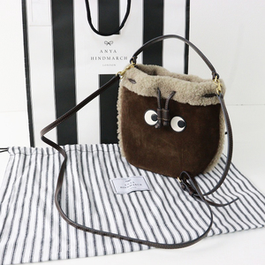 美品 アニヤハインドマーチ ANYA HINDMARCH Eyes ドローストリングクロスボディバッグ/ブラウン ムートン スエード 2way【2400014186338】