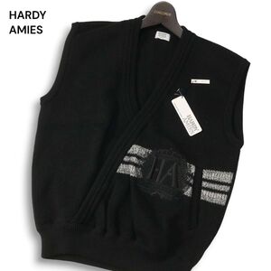 【新品 未使用】 HARDY AMIES ハーディ エイミス 秋冬 ウール100%★ ロゴ刺繍 ニット ベスト Sz.M メンズ 黒 日本製　I4T04062_C#N