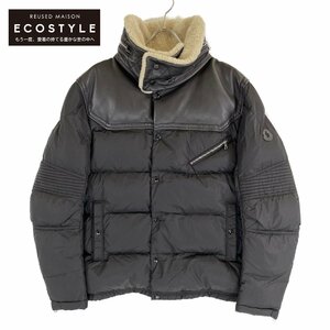 新品同様/国内正規/21年製 MONCLER モンクレール LEO レオ ヨークレザー切替 ダウン ジャケット 6 ブラック メンズ