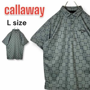 【美品】Callaway キャロウェイ ゴルフ 総柄 吸汗速乾 半袖 ポロシャツ ウェア グレー Lサイズ メンズ ロゴ刺繍 匿名配送