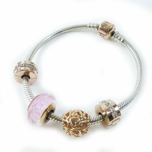 極美品◎PANDORA パンドラ スネークチェーン チャーム4個付き ブレスレット シルバー ピンクゴールド ピンク系 保存袋付き レディース