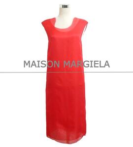 極美品 Maison Margiela メゾンマルジェラ シルク100％ ラウンドネック シフォン 膝丈 フレンチスリーブ ワンピース ドレス 赤 レッド