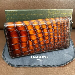 最高級 限定EU製＆定価68万◆UABONI*アリゲーター・ファスナー長財布◆希少 手染 ハンドメイド パティーヌ クロコ 本革 レザー メンズ 紳士