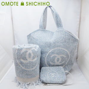 CHANEL シャネル ビーチバッグ タオル ポーチ 3点セット トートバッグ ブランケット コットン パイル地 水色 A77770 未使用品◆Sランク