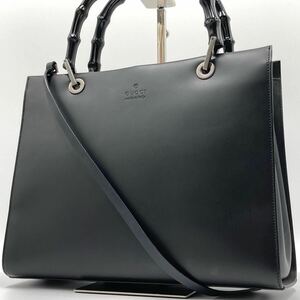 1円【極美品】GUCCI グッチ バンブー 2way トートバッグ ショルダーバッグ ハンド レザー ロゴ型押し A4 肩掛け ビジネス 3室 ブラック 黒