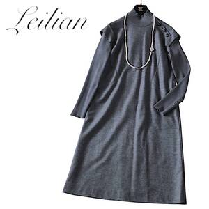 D22◆極美品 レリアン Leilian 大きいサイズ 13 XL 前後 ゆったり レイヤード モチーフ ウール ワンピース リブ 切替 綺麗なシルエット秋冬