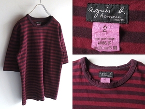 希少 ビンテージ agnes b. homme アニエスベーオム 製品染め 後染め コットン ボーダー カットソー Tシャツ 2 バーガンディ ネコポス対応