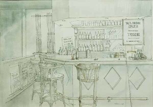 ＊真作＊超希少 肉筆原画 内田新哉「Tigg Cafe」ミックスメディア 水彩 室内風景画 細かく描かれた細密画/カフェ/お洒落/BAR/SHINYA UCHIDA