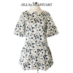 新品 JILL by JILLSTUART ジルバイジルスチュアート サイズM 2WAY 襟付き 花柄 総柄 クルーネック ミニ ワンピース チュニック 白×黒