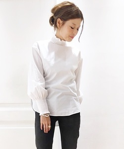 貴重!★セルリ　ブラウス　DEUXIEME CELERI STAND Collar Blouse シャーリングブラウス　スタンドカラー　ホワイト★L