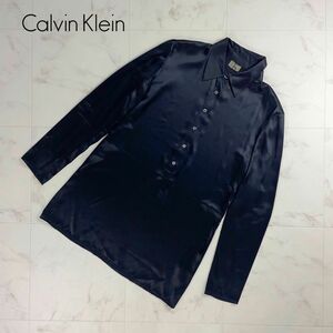 美品 Calvin Klein カルバンクライン シルク100% 光沢 襟付き長袖ブラウスシャツ トップス レディース 黒 ブラック サイズ4*QC283