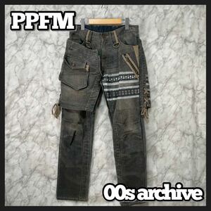 00s archive PPFM custom denim gimmickY2K デニム パンツ ギミック グランジ アーカイブ 変形 レースアップ ジップ 