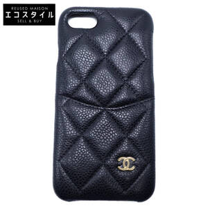 【美品】CHANEL シャネル CCココマーク キャビアスキン マトラッセ iPhone 7 8 SEケース ブラック/ゴールド