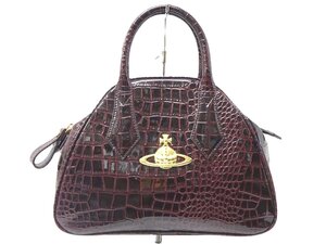 【良品】Vivienne Westwood ヴィヴィアン ウエストウッド クロコ型押し ハンドバッグ レディース 金オーブロゴ ダークワインレッド レザー