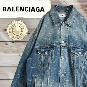 美品☆超人気デザイン☆Balenciaga 総柄 デニムジャケット 男女兼用 バレンシアガ ユニセックス メンズ レディース 38 ダメージ加工 