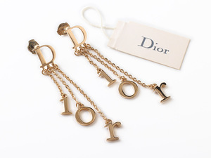 E19299 美品 Christian Dior クリスチャンディオール ロゴモチーフ ピアス スタッドピアス チェーン ゴールドカラー アクセサリー