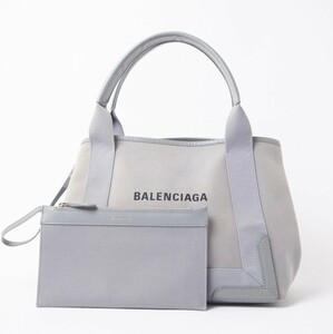 バレンシアガ BALENCIAGA ネイビーカバスポーチ付き ロゴプリント キャンバス ハンドバッグ トートバッグ 白 ホワイト