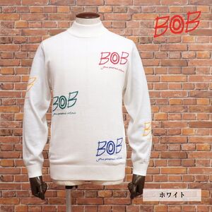 1円/23AW/BOB/Lサイズ/モックネック ニット 保温◎ ホットレイ 機能性 ロゴ ジャガード 遊び心 ゴルフ 新品/白/ホワイト/jb322/