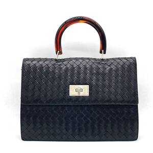 1円 極美品 BOTTEGA VENETA ボッテガヴェネタ イントレチャート レザー ブラック ハンドバッグ ターンロック