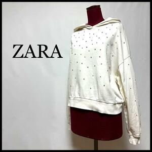 ZARA トレーナー 長袖 クロップド パイル フード付 ビジュー付 白 M