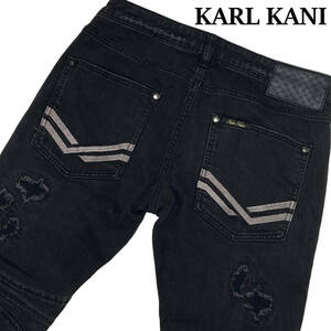 Karl Kani カールカナイ 173K-1801 W30 (約79cm W31相当) ダメージ リペア加工 タタキ ロゴ 刺繍 ストレッチ スリム デニムパンツ ジーンズ