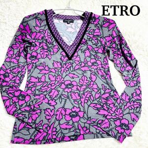 希少 美品 エトロ ETRO トップス カットソー 長袖 Ｖネック 花柄 レーヨン 花柄 総柄 ストレッチ L 40 レディース 