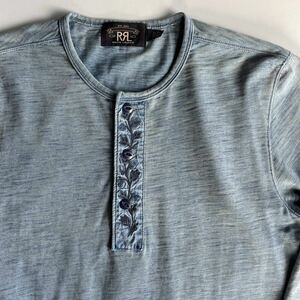 【希少】RRL “Indigo Embroidered Henley” S インディゴ ウエスタン ヘンリー ネック シャツ 刺繍 カットソー Ralph Lauren ヴィンテージ