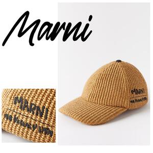 MARNI マルニ キャップ ラフィア ストロー ブラウン ロゴ