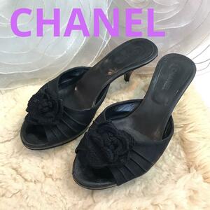 CHANEL　サンダル　カメリア　黒　ローヒール　約23.5ｃｍ　ミュール