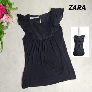 ZARA フリル飾り・ノースリーブ トップス 黒 M 83185