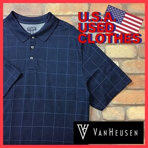 ME12-979★USA古着★美品★BIGサイズ【VAN HEUSEN】ポリ混 チェック柄 半袖 ポロシャツ【メンズ 2XL】紺 アメカジ ゴルフ ワーク 古着