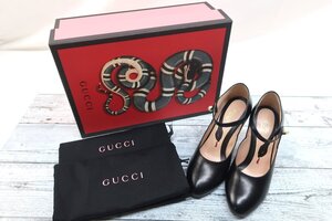 ★【B送900円】1119　GUCCI　グッチ　レザーパンプス　ストラップシューズ　パール　ＧＧロゴ　ヒール　イタリア製　ブラック　34